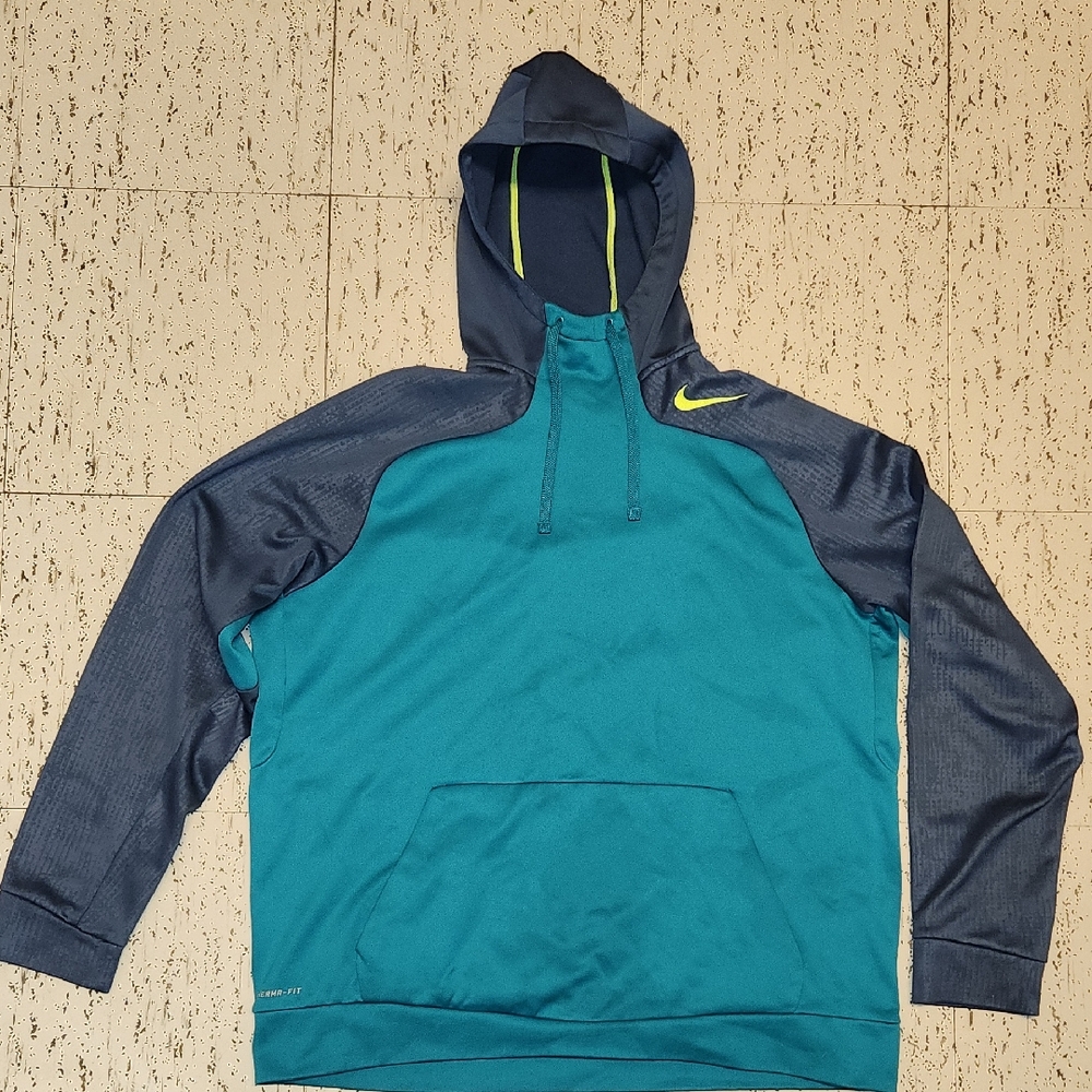 Nike Swoosh Teal Blue Embroidered Logo Therma Fit Pullover Hoodie Sweater